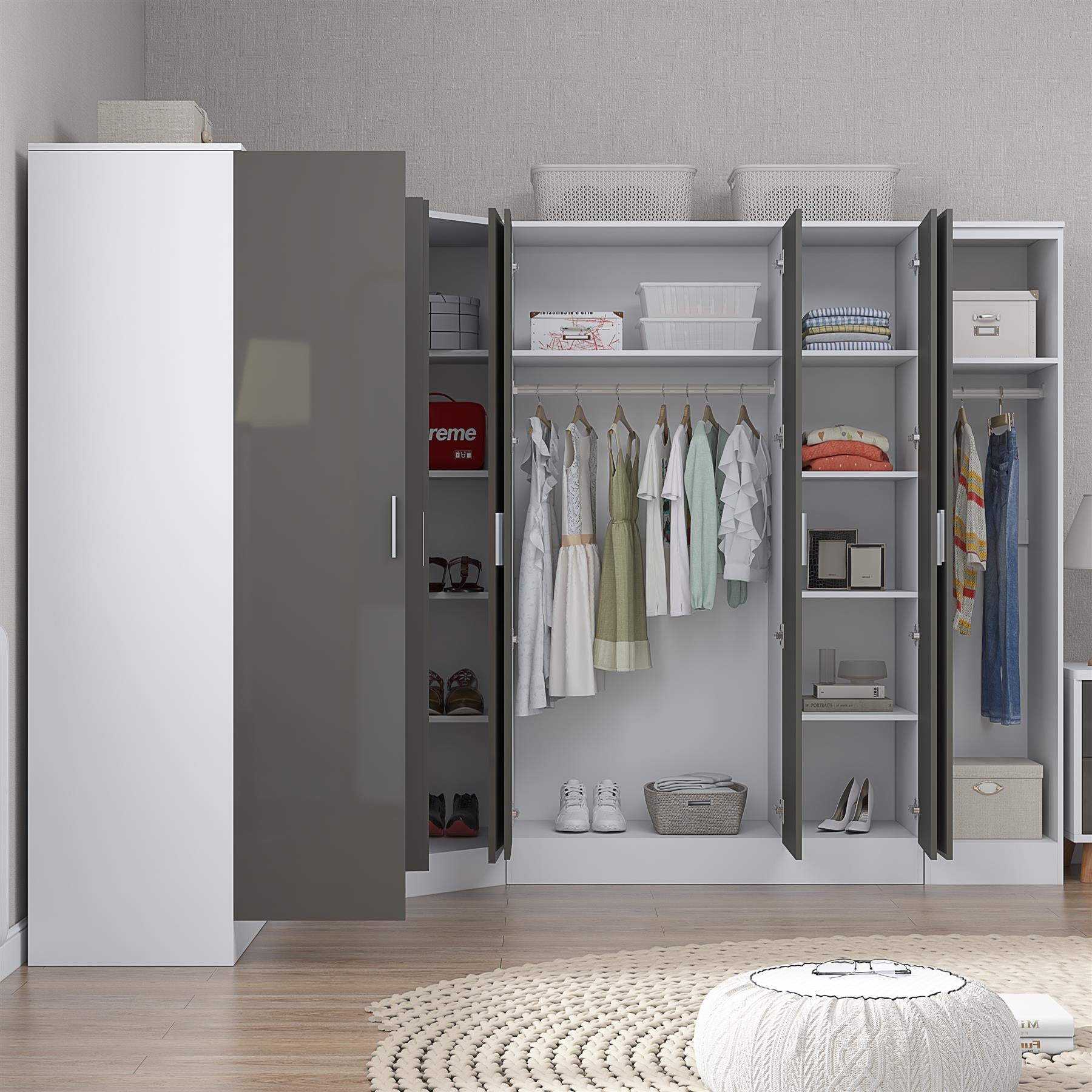 Reflect 4pc Wardrobe Bundle - 2 Door Corner + 3 Door Mirror + 2dr + 1dr Plain - Grey Gloss & Matt White