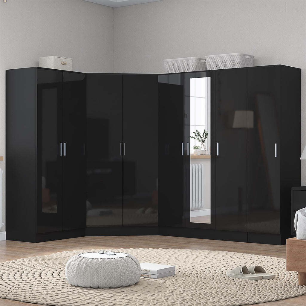Reflect 4pc Wardrobe Bundle - 2 Door Corner + 3 Door Mirror + 2dr + 1dr Plain - Black Gloss & Black Oak