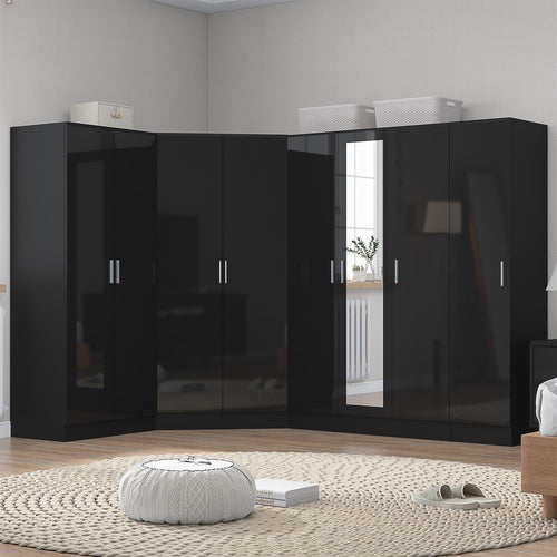 Reflect 4pc Wardrobe Bundle - 2 Door Corner + 3 Door Mirror + 2dr + 1dr Plain - Black Gloss & Black Oak