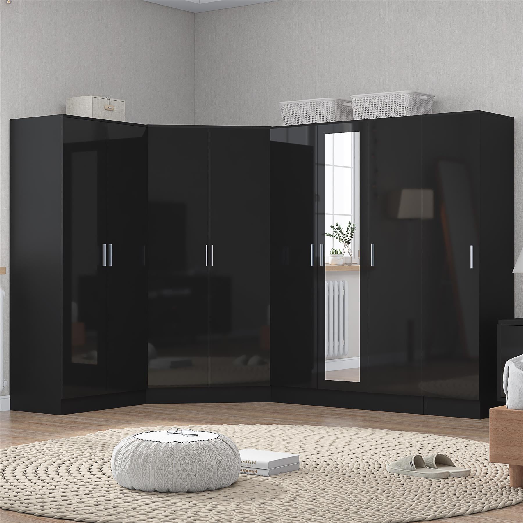 REFLECT Gloss Large 8 Door Corner Mirror Wardrobe Bedroom Furniture Bundle Set