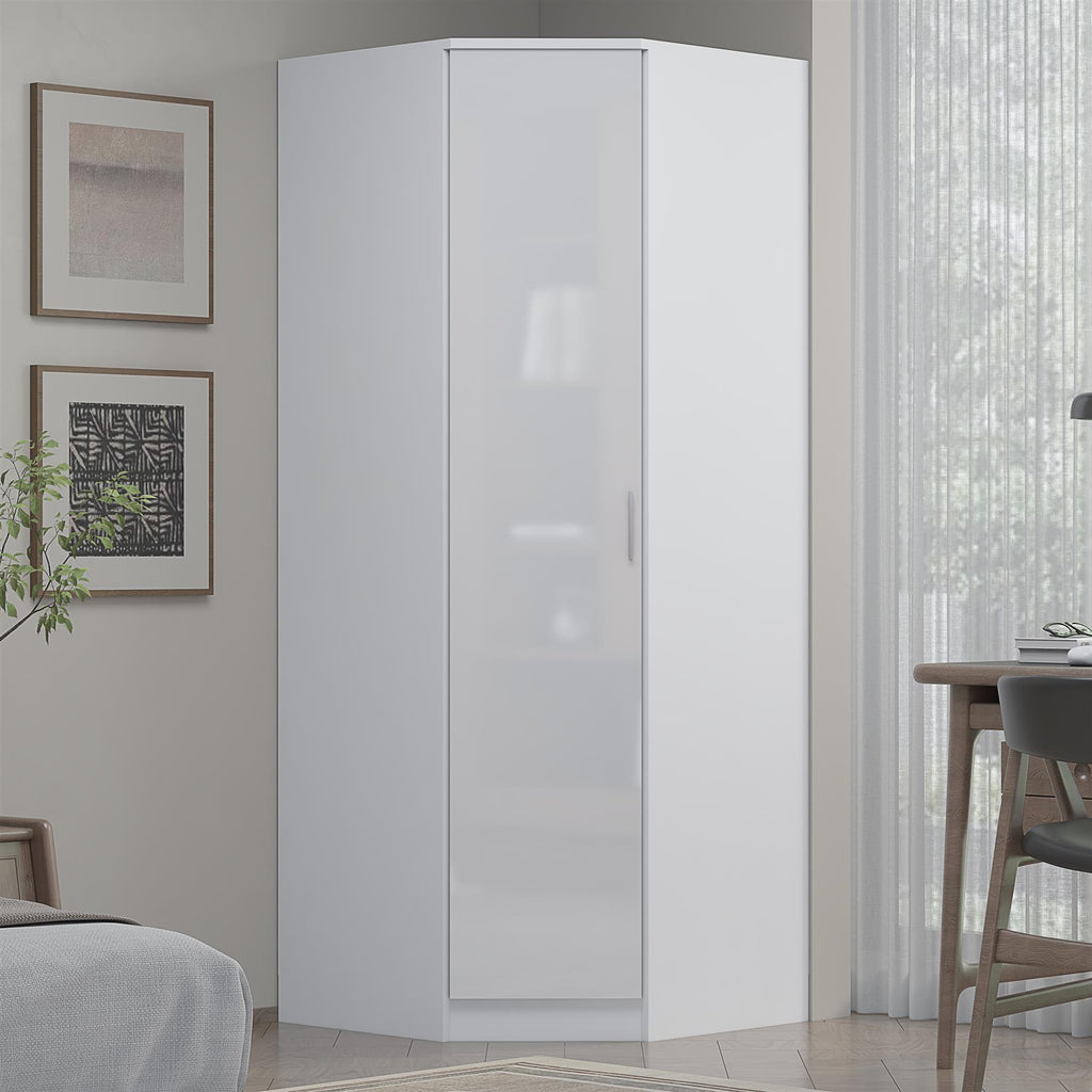 Reflect 1 Door Corner Wardrobe - White Gloss & Matt White - 2 Hanging Rails & 8 Shelves - H: 180cm x W: 74.4cm - Modern Design