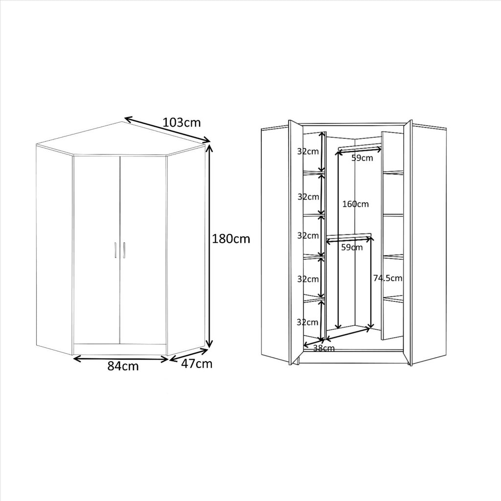Reflect 2 Door Corner Wardrobe, 5 Drawer Chest, 2x 2 Drawer Bedsides - Grey Gloss & Matt White - Bedroom Furniture Set
