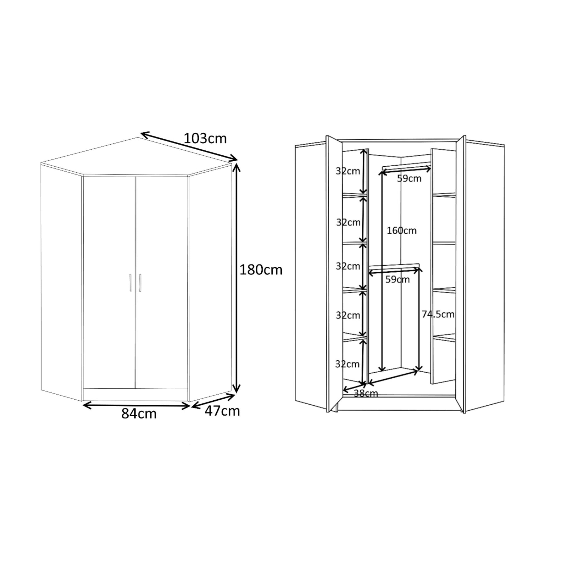 Reflect 2 Door Corner Wardrobe, 5 Drawer Chest, 2x 2 Drawer Bedsides - Grey Gloss & Matt White - Bedroom Furniture Set