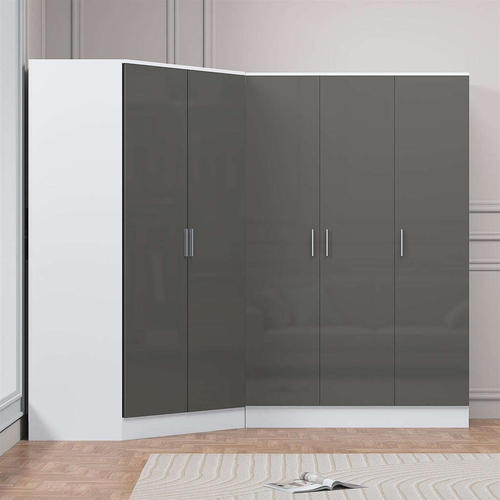 Reflect 2pc Wardrobe Bundle - 2 Door Corner + 3 Door Plain - Grey Gloss & Matt White - H: 180cm x W: 179cm x D: 103cm
