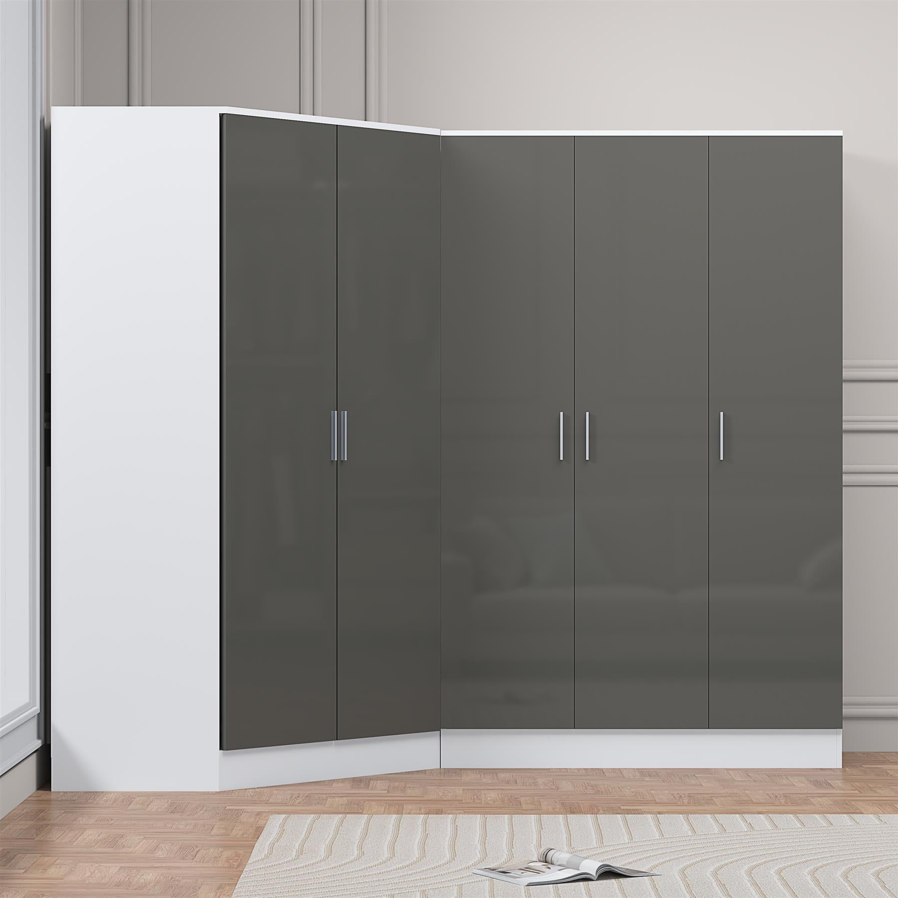 Reflect 2pc Wardrobe Bundle - 2 Door Corner + 3 Door Plain - Grey Gloss & Matt White - H: 180cm x W: 179cm x D: 103cm