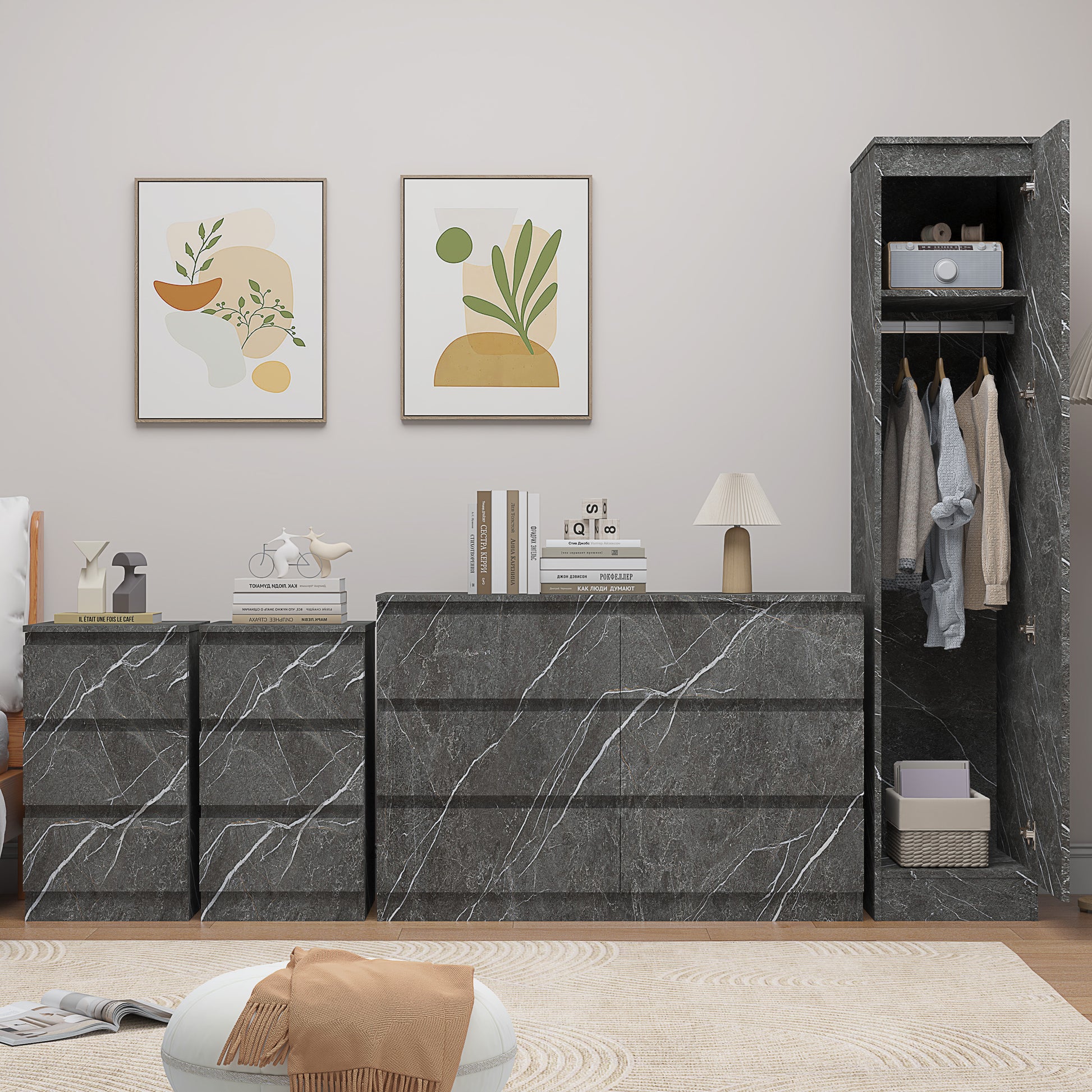 Bedroom Furniture 4pc set grey Marble effect