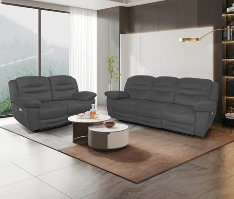 NAPOLI 3 + 2 Seater Electric Recliner Sofa Set in Grey Faux Suede
