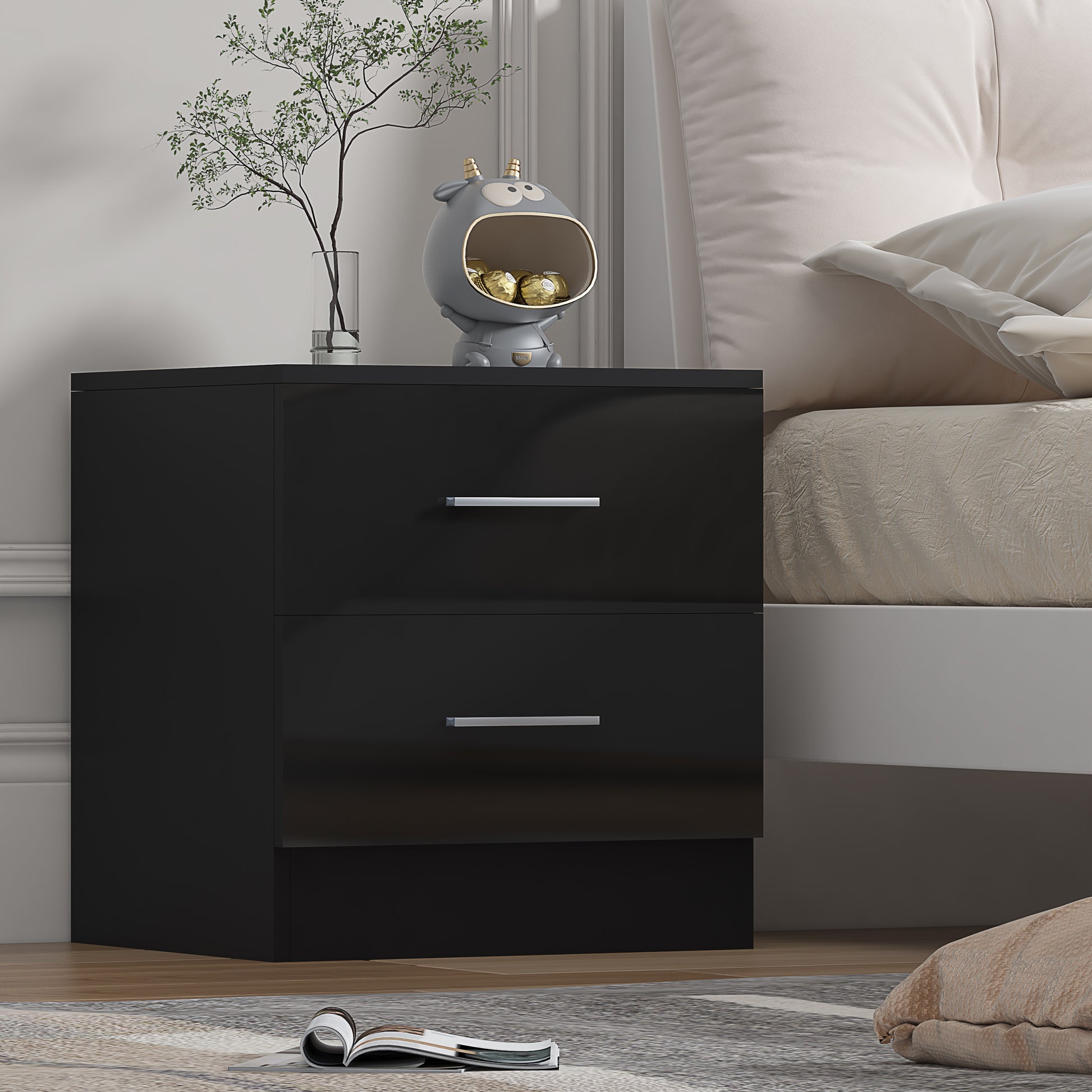 2 Drawer Bedside - Black Gloss/Black Oak REFLECT
