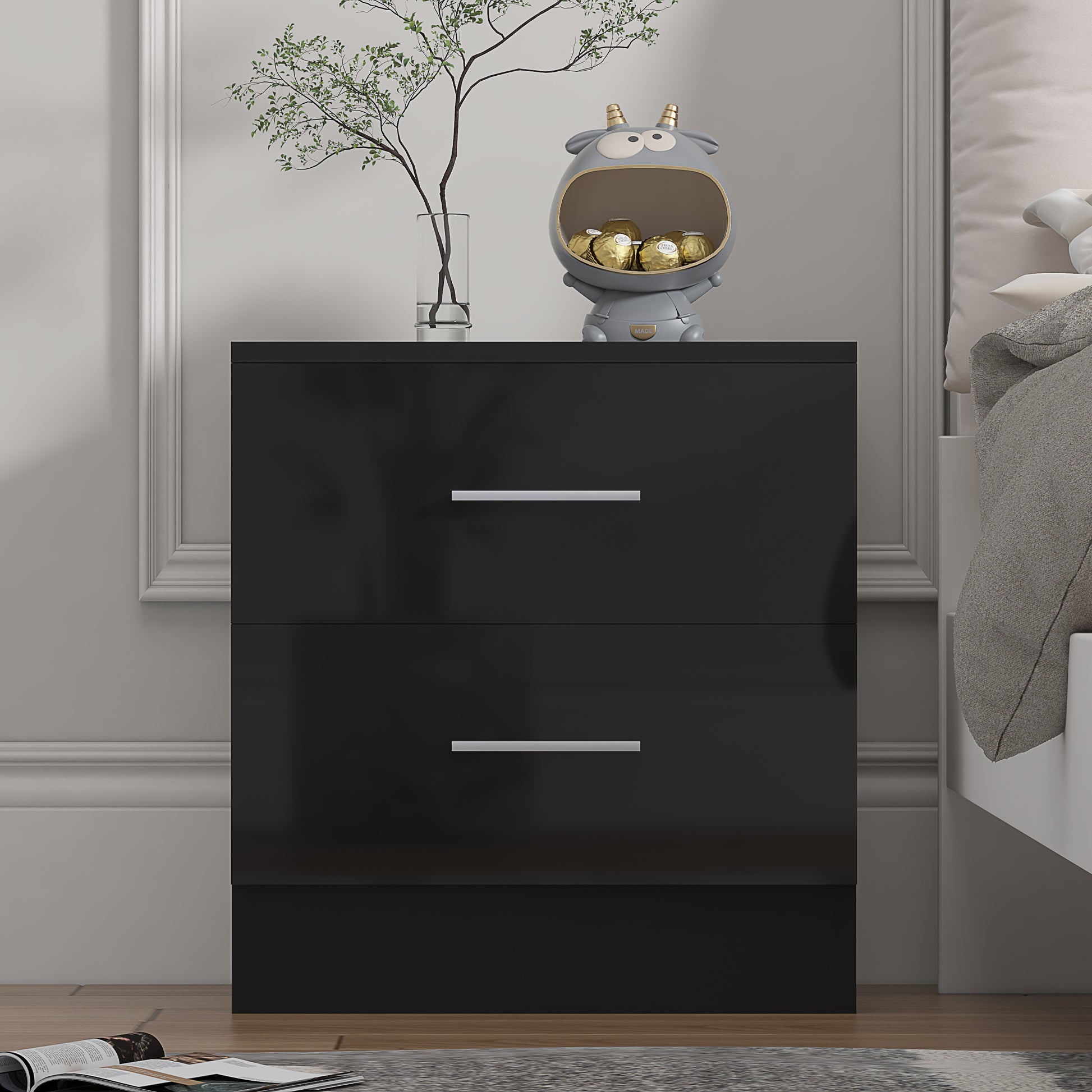 2 Drawer Bedside - Black Gloss/Black Oak REFLECT