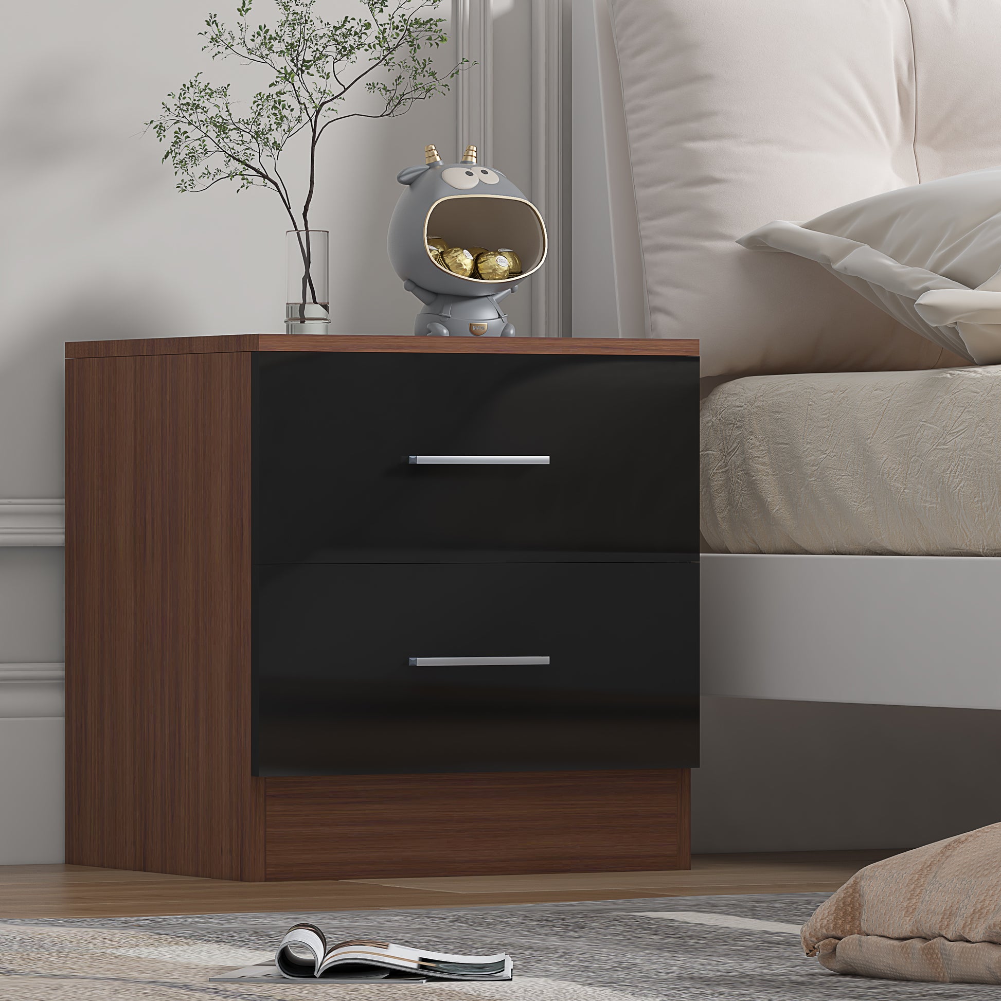 2 Drawer Bedside - Black Gloss/Walnut REFLECT