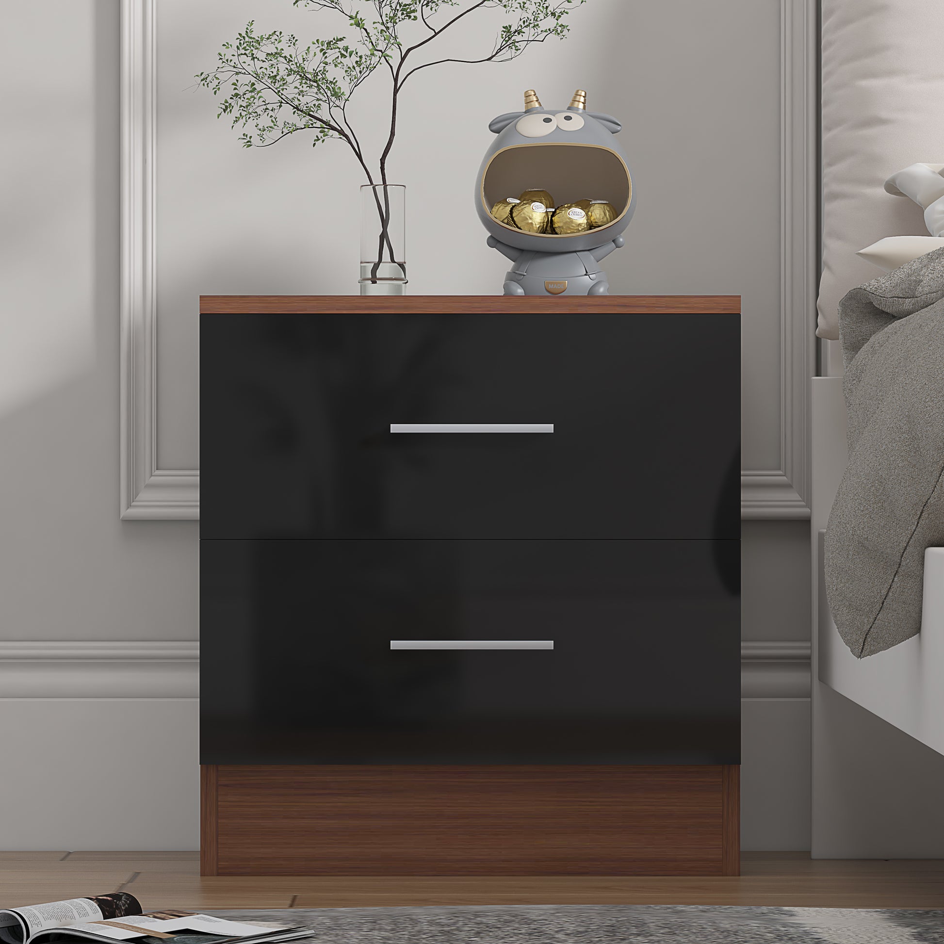 2 Drawer Bedside - Black Gloss/Walnut REFLECT