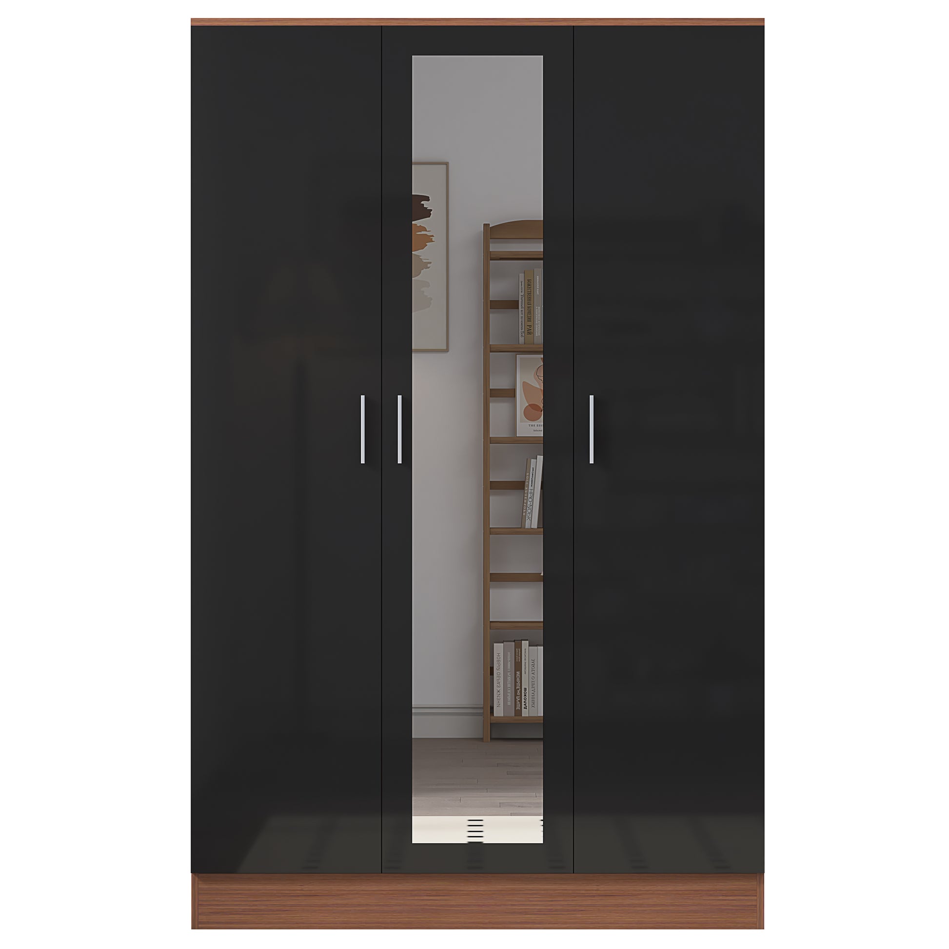 3 Door Mirrored Wardrobe - Black Gloss/Walnut REFLECT