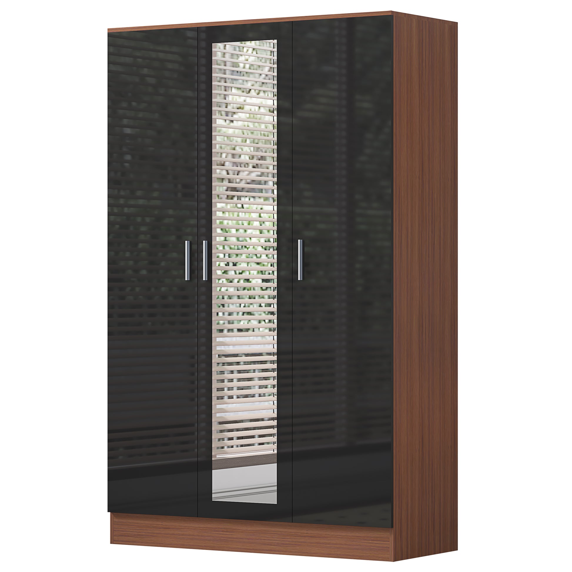 3 Door Mirrored Wardrobe - Black Gloss/Walnut REFLECT