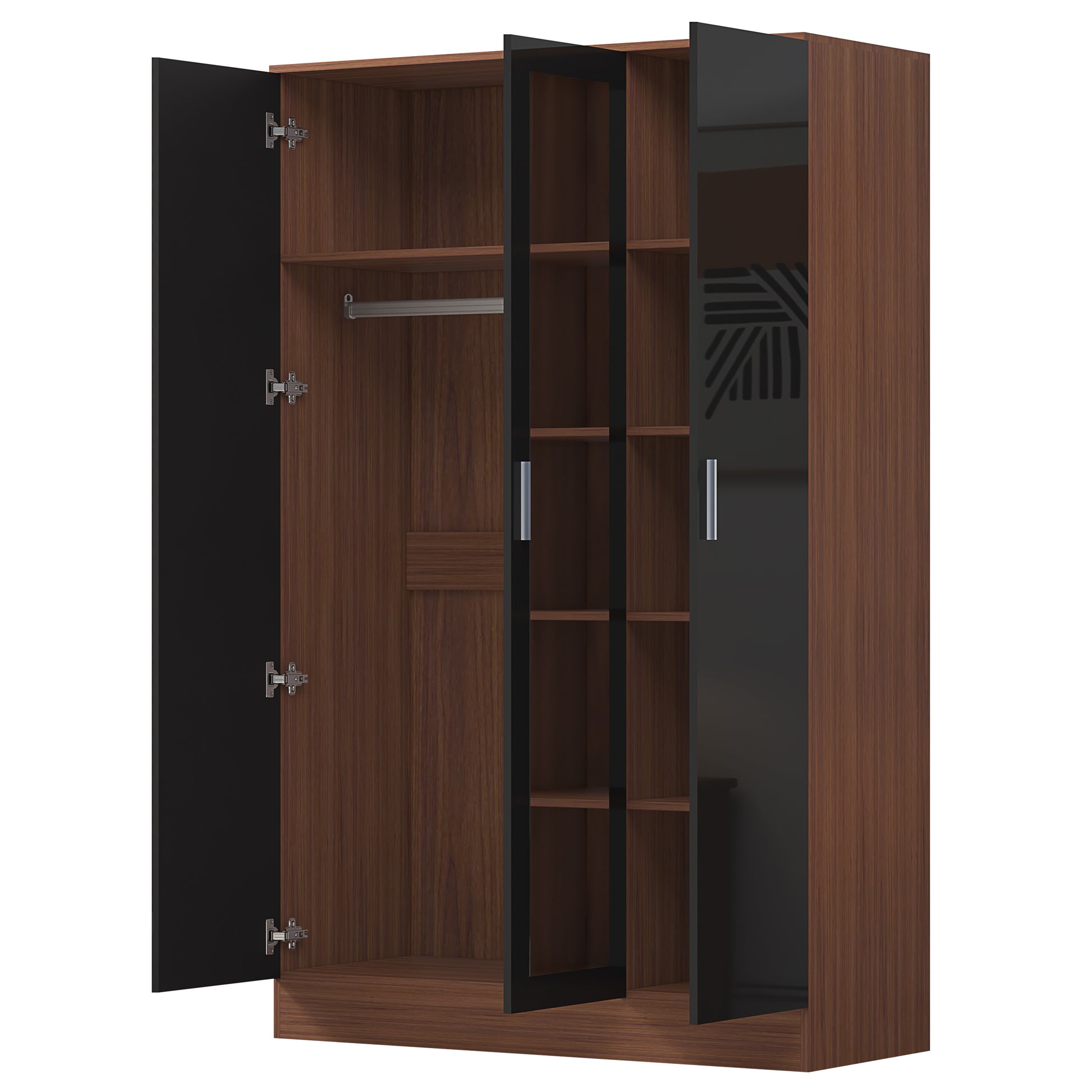3 Door Mirrored Wardrobe - Black Gloss/Walnut REFLECT