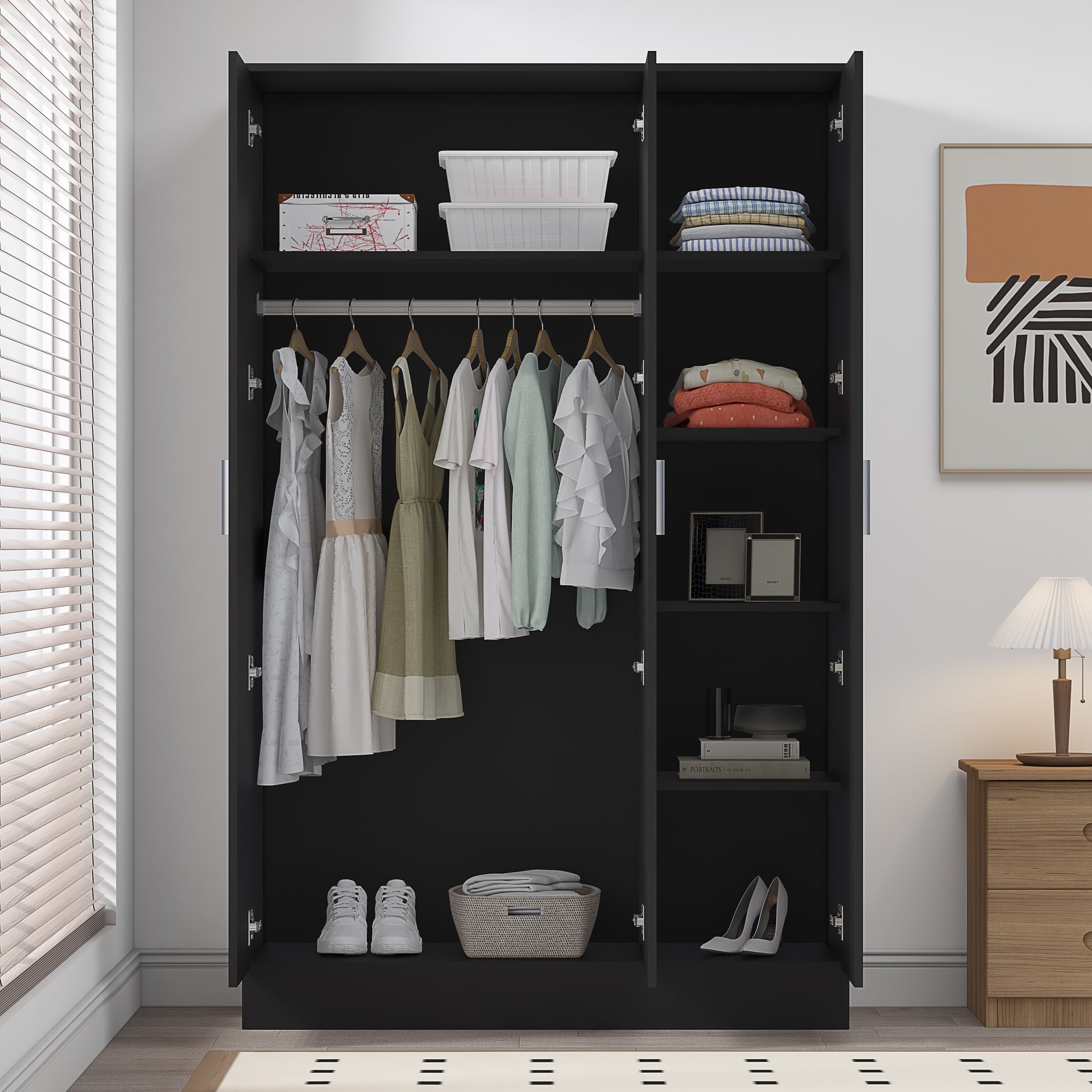 3 Door Plain Wardrobe - Black Gloss/Black Oak REFLECT