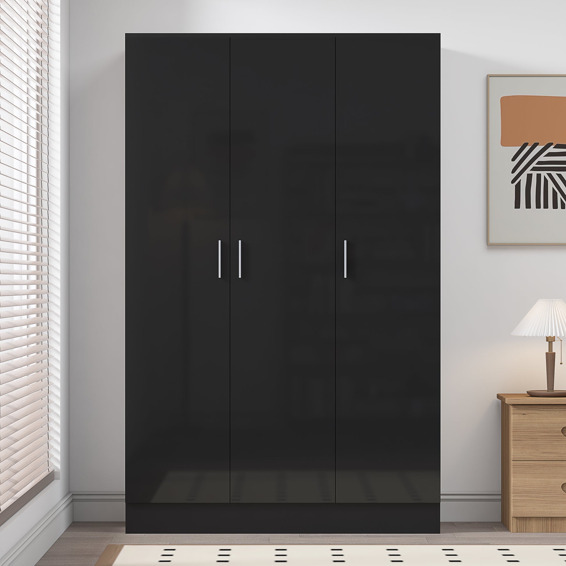 3 Door Plain Wardrobe - Black Gloss/Black Oak REFLECT