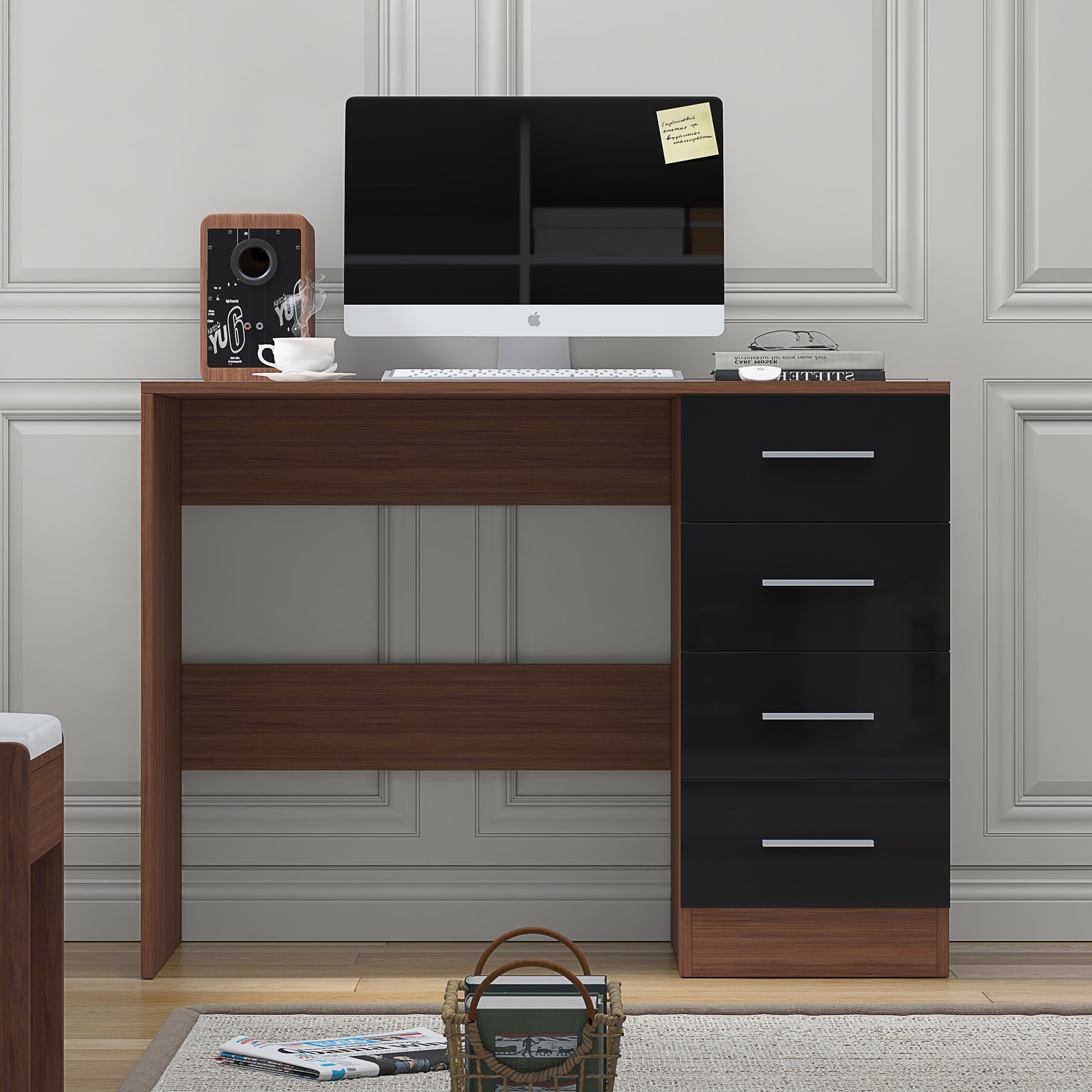 4 Drawer Desk/Dressing Table - Black Gloss/Walnut REFLECT