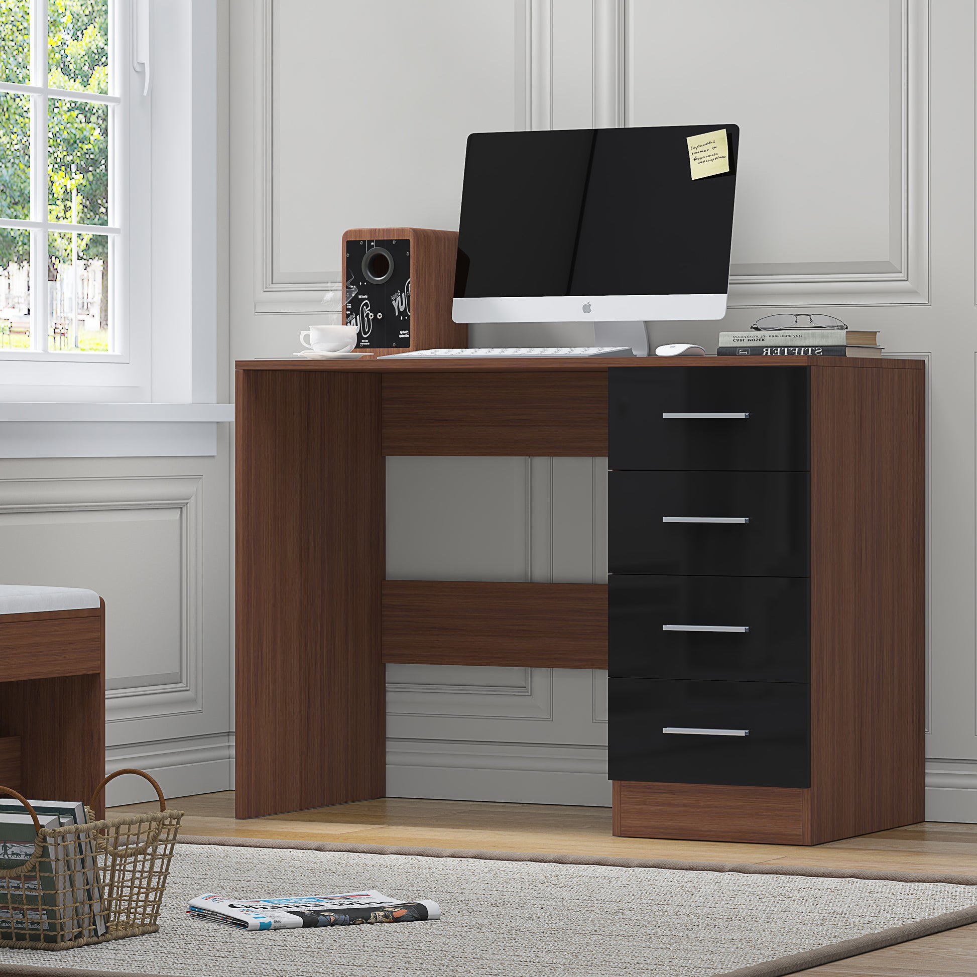4 Drawer Desk/Dressing Table - Black Gloss/Walnut REFLECT