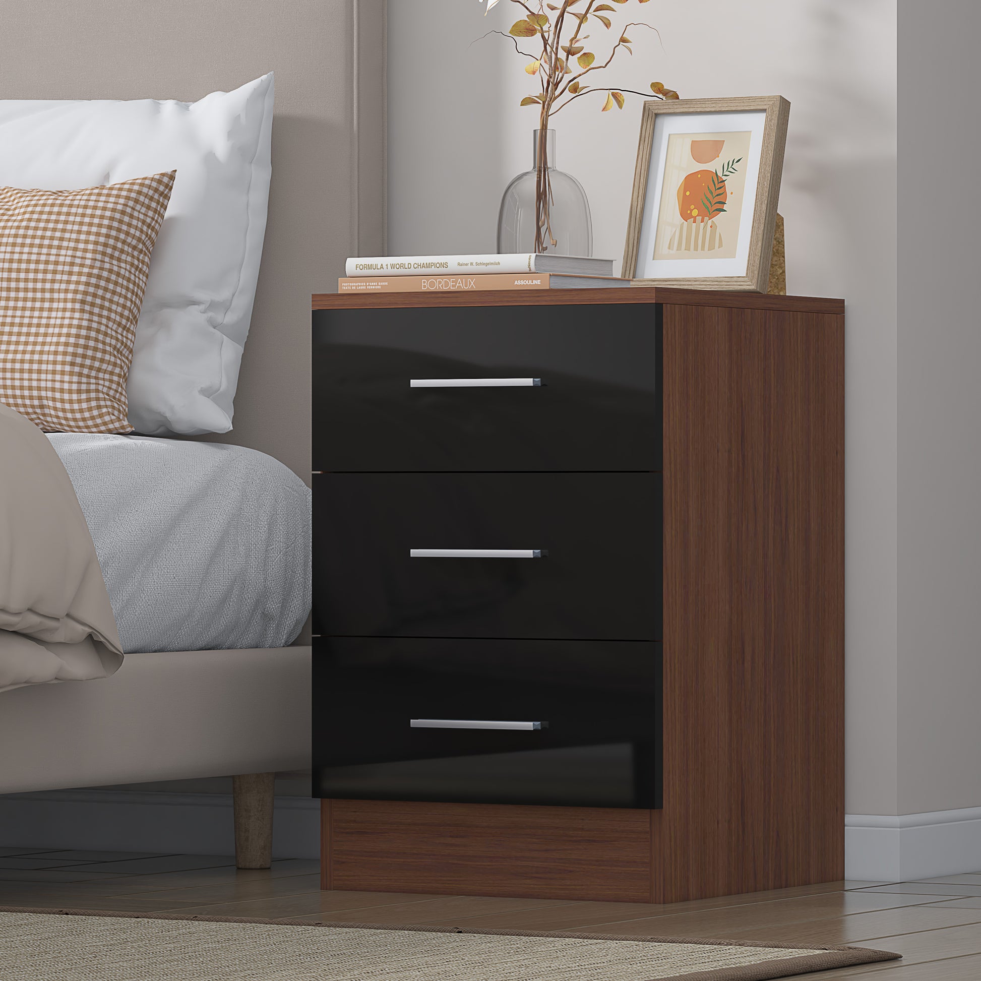 3 Drawer Bedside - Black Gloss/Walnut REFLECT