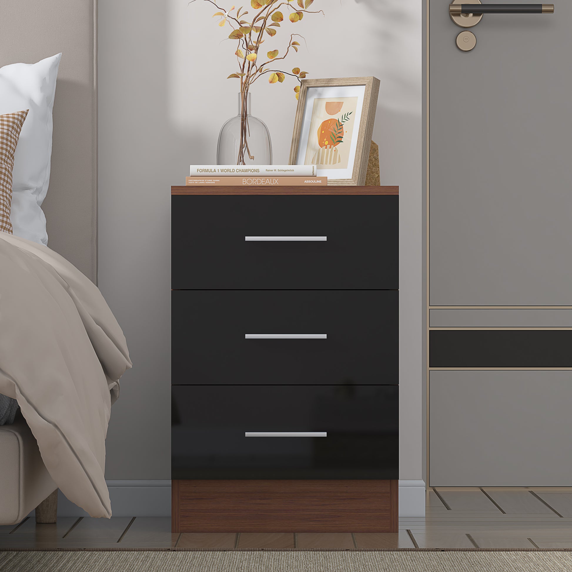 3 Drawer Bedside - Black Gloss/Walnut REFLECT