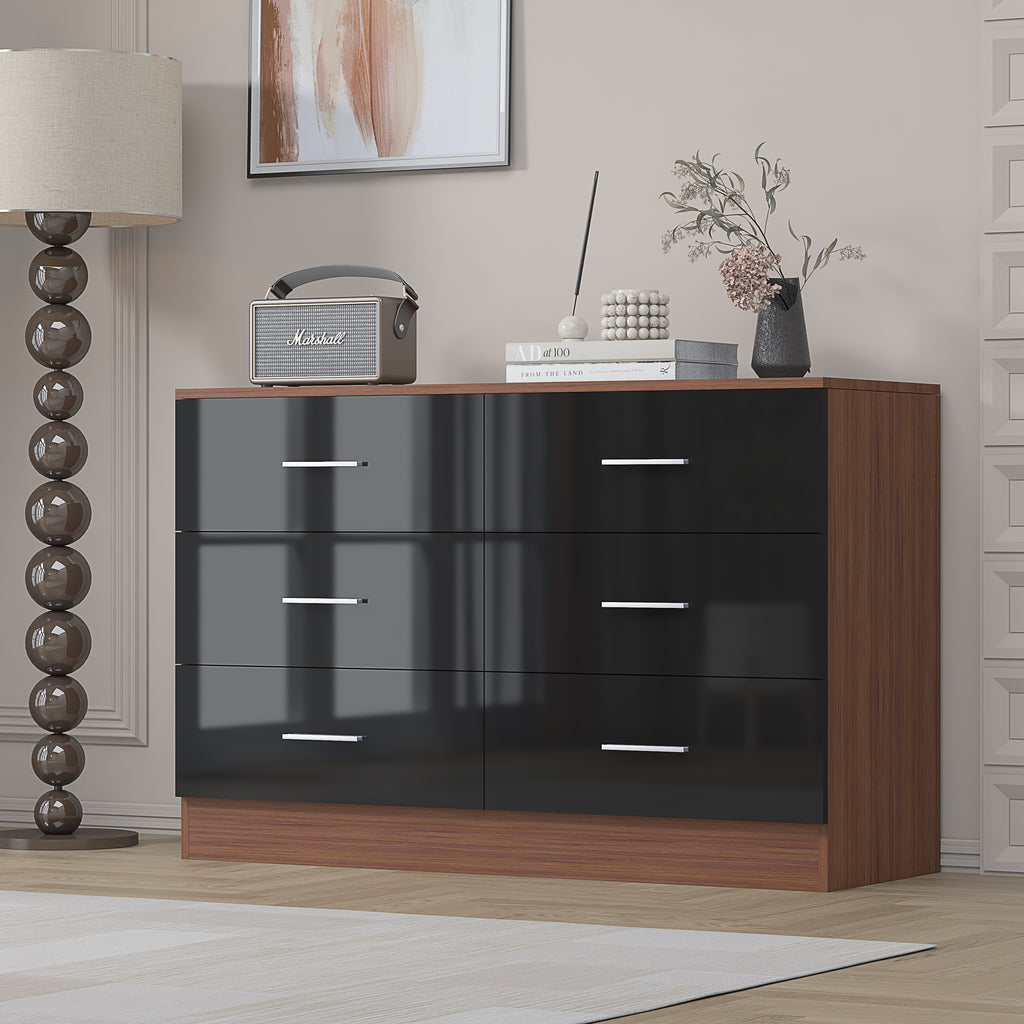6 Drawer XL Chest - Black Gloss/Walnut REFLECT