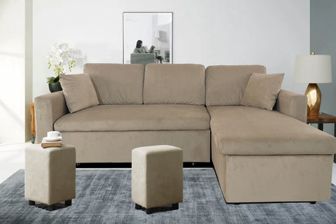 STANFORD 3 Seater L Shape Sofabed with 2x Stools in Taupe