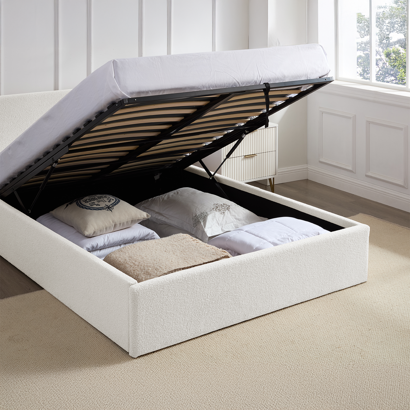 TEDDY BOUCLE 4FT6 Double Ottoman Storage Bed Fabric - White