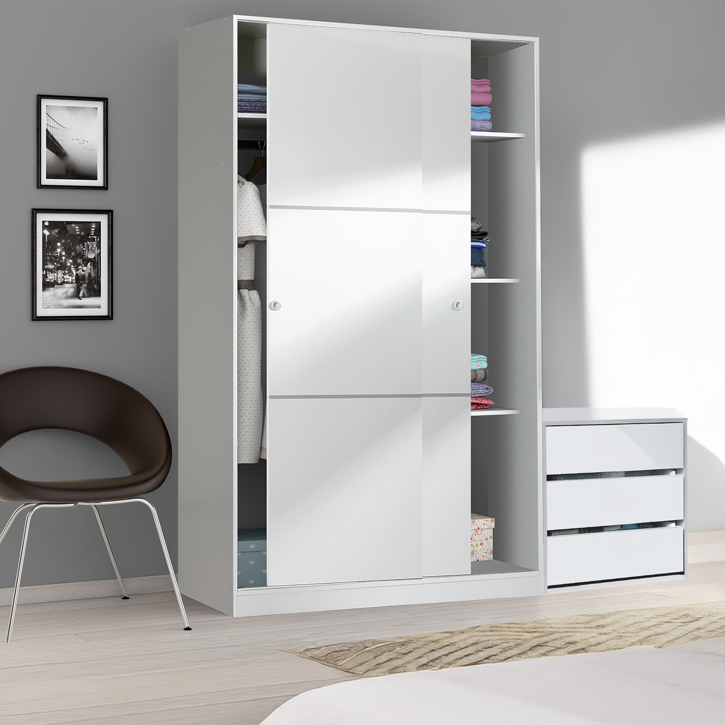 TOP 2 Door 120cm Wide Sliding Wardrobe - White