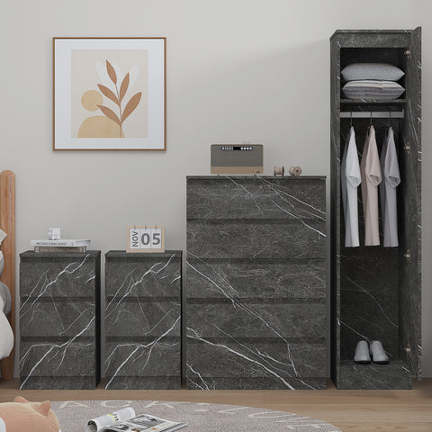 Zita 4 Piece Bedroom Furniture Set - 1 Door Wardrobe, 5 Drawer Chest, 2x (3 Drawer Bedside) in Matt Charcoal Grey Marble Effect