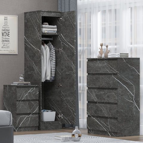 Zita 3 Piece Bedroom Furniture Set - 1 Door Wardrobe, 5 Drawer Chest and 3 Drawer Bedside in Matt Charcoal Grey Marble Effect