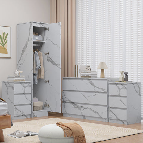 Zita 4 Piece Bedroom Furniture Set - 1 Door Wardrobe, 6 Drawer Chest, 2x (3 Drawer Bedside) in Matt White Marble Effect