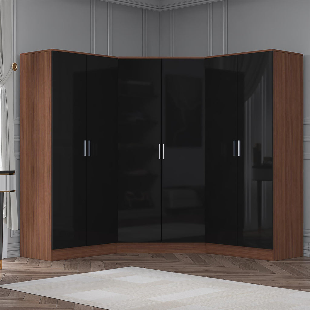 Reflect 3pc Wardrobe Bundle - 2 Door Corner + 2x 2 Door Plain - Black Gloss & Walnut