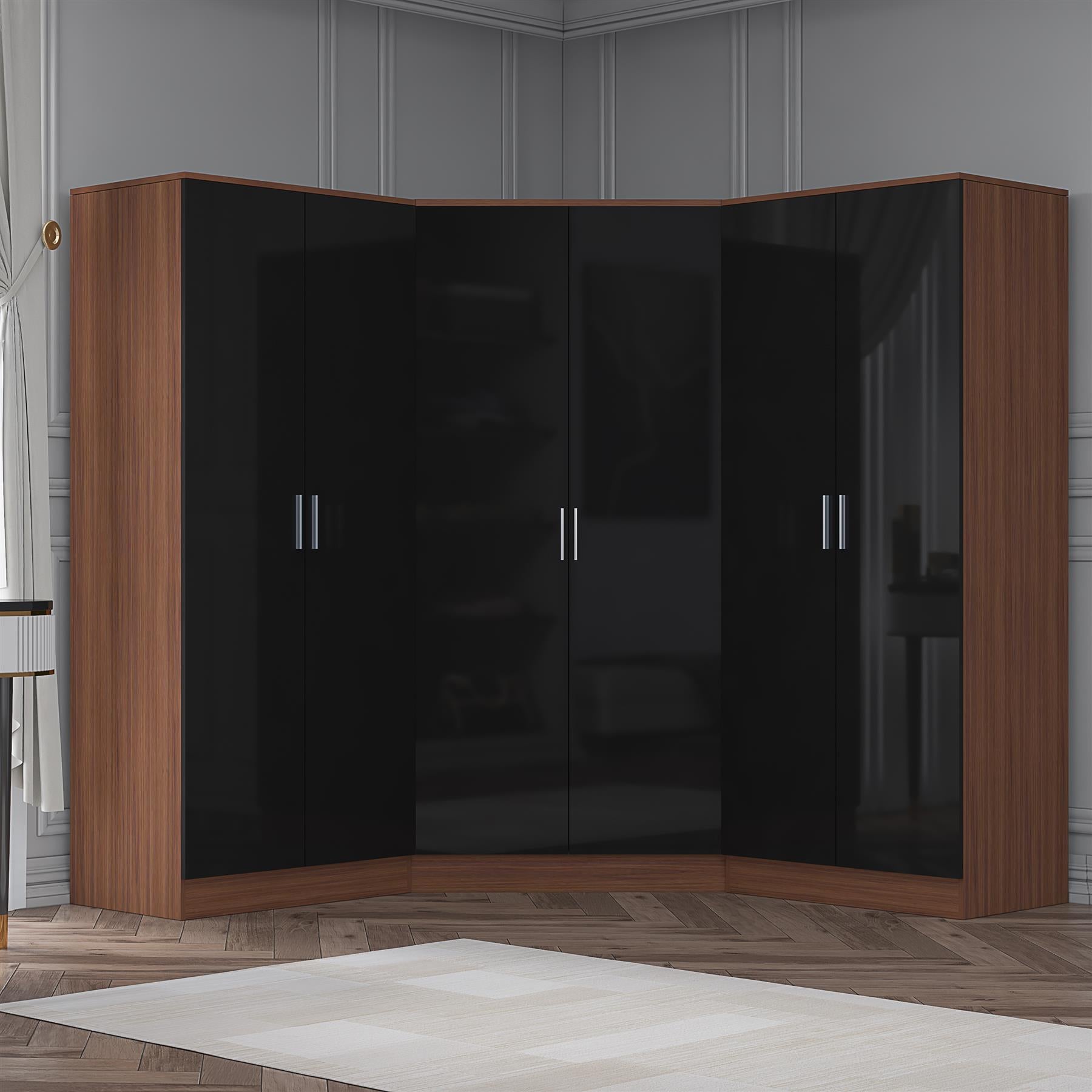 Reflect 3pc Wardrobe Bundle - 2 Door Corner + 2x 2 Door Plain - Black Gloss & Walnut