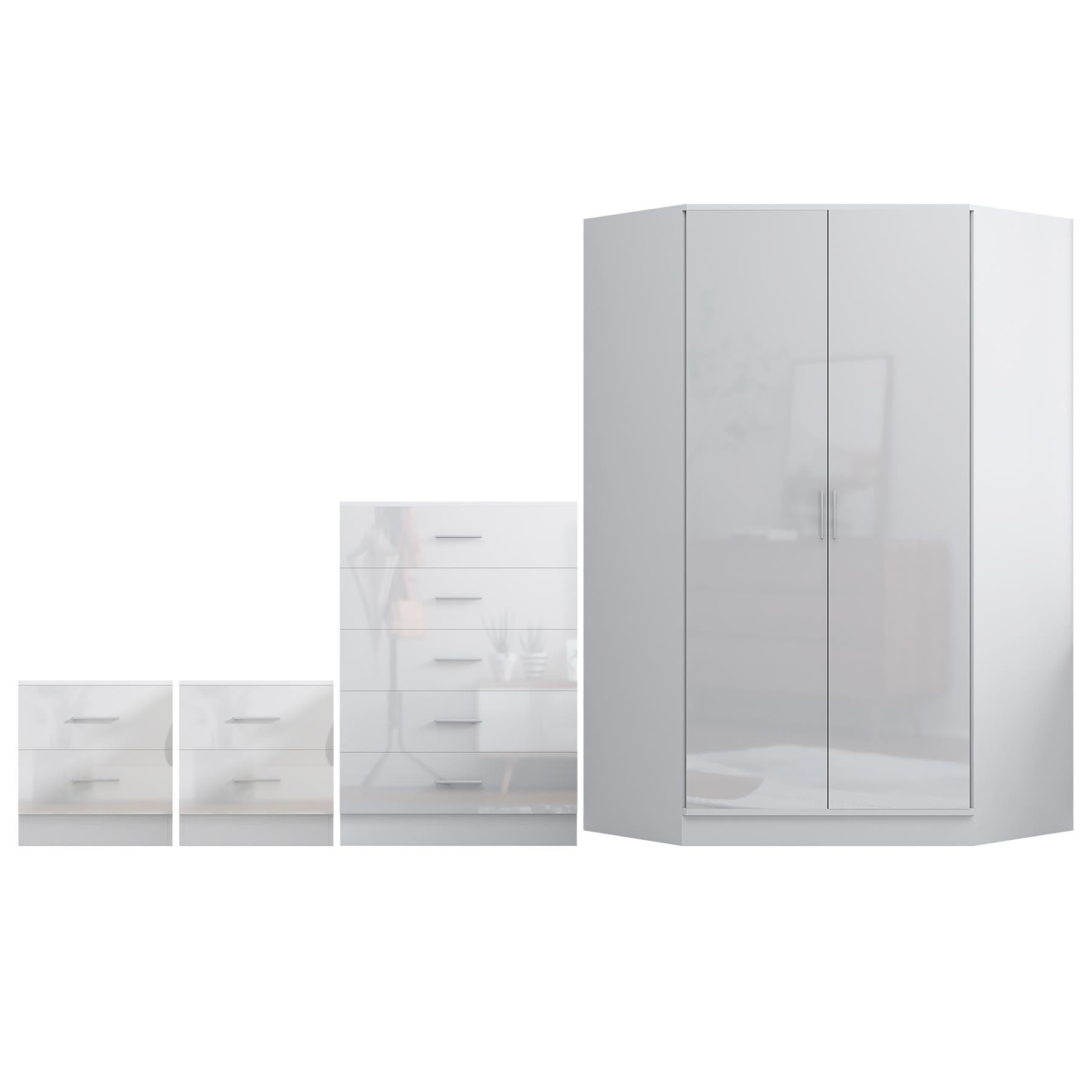 Reflect 2 Door Corner Wardrobe, 5 Drawer Chest, 2x 2 Drawer Bedsides - White Gloss & Matt White - Bedroom Furniture Set