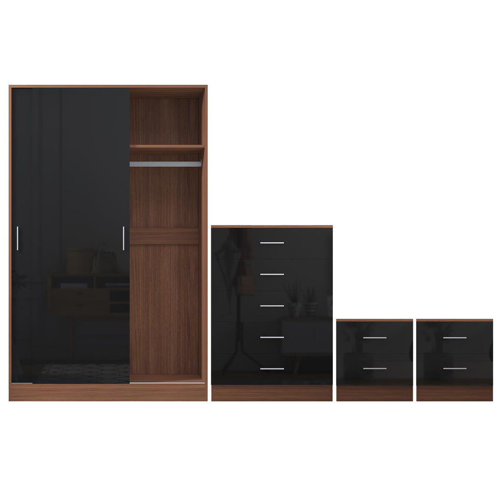 Reflect 2 Door Sliding Wardrobe, 5 Drawer Chest, 2x 2 Drawer Bedsides - Black Gloss & Walnut - Modern Bedroom Furniture Set