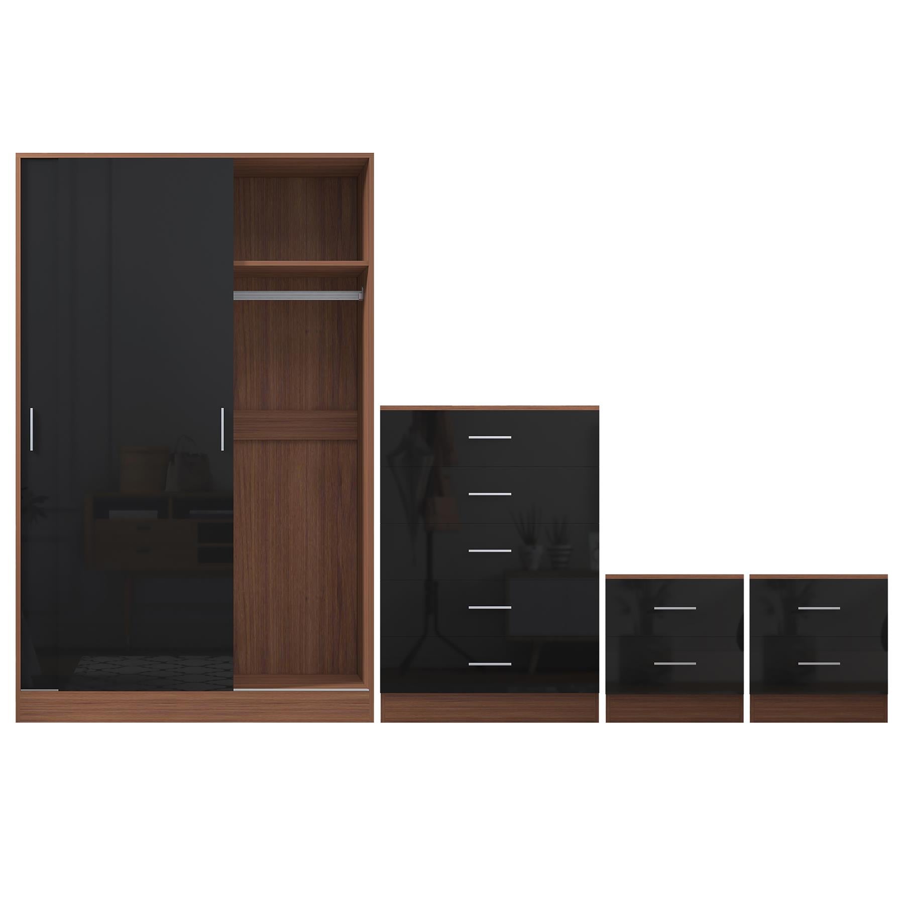 Reflect 2 Door Sliding Wardrobe, 5 Drawer Chest, 2x 2 Drawer Bedsides - Black Gloss & Walnut - Modern Bedroom Furniture Set