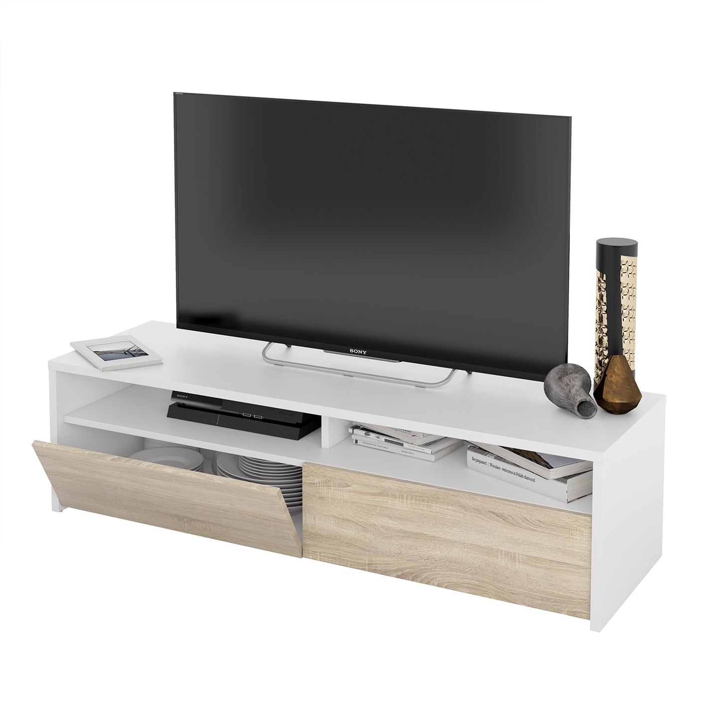 KIOTO 2 Door TV Unit in Oak & Satin White- Modern Media Cabinet with Storage.