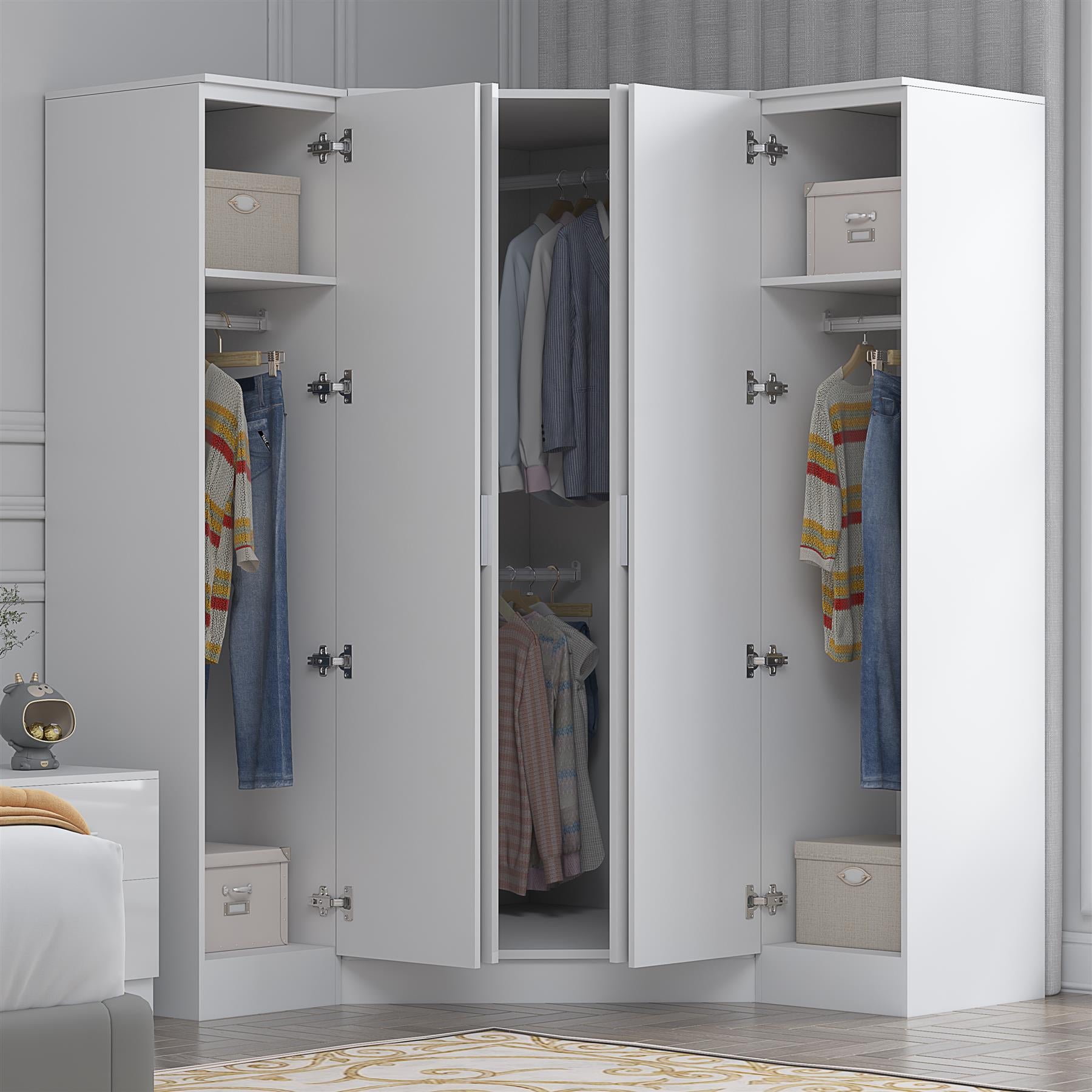 Reflect 3pc Wardrobe Bundle - 2 Door Corner + 2x 1 Door Plain - White Gloss & Matt White - H: 180cm x W: 179cm x D: 103cm