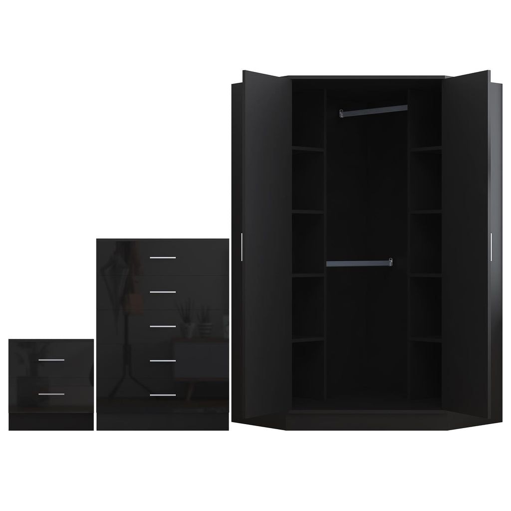 REFLECT Gloss 4pc Set - 2 Door Corner Wardrobe + 5 Draw Chest + Bedside