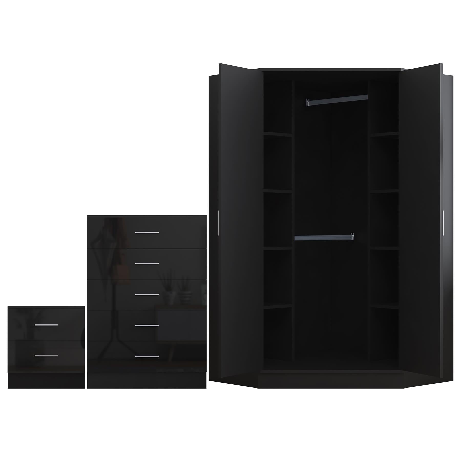 REFLECT Gloss 4pc Set - 2 Door Corner Wardrobe + 5 Draw Chest + Bedside