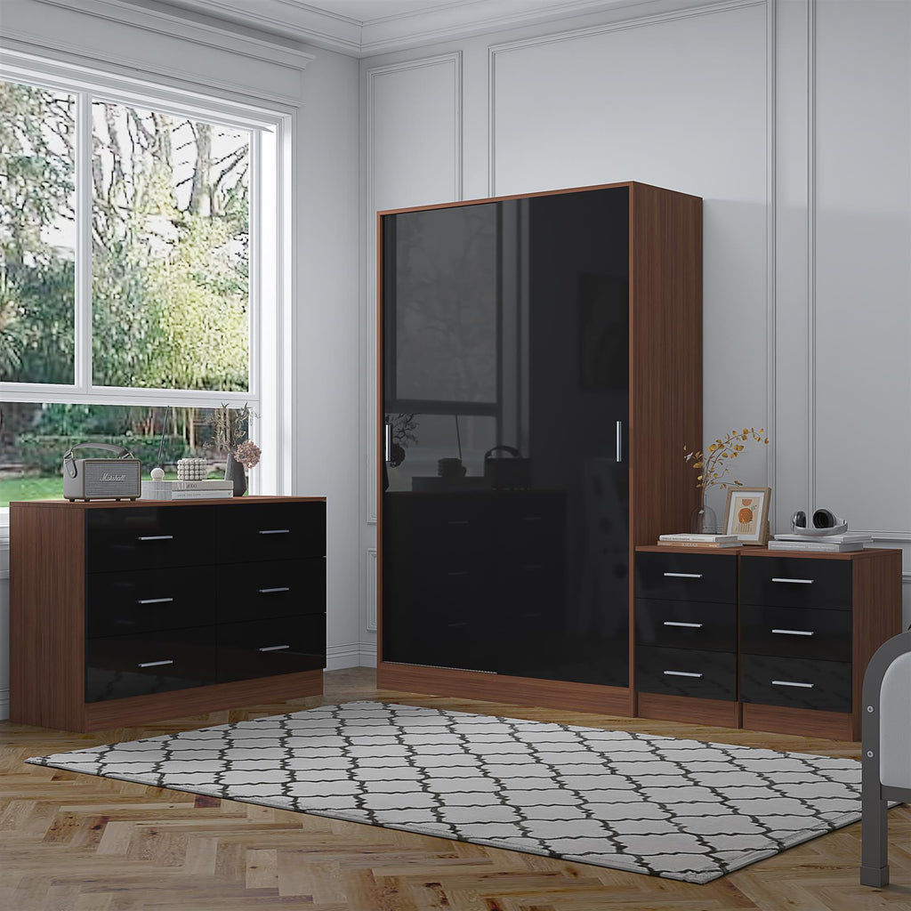 REFLECT Gloss 4pc Set - 2 Door Sliding Wardrobe + Wide Chest + 2 Tall Bedsides
