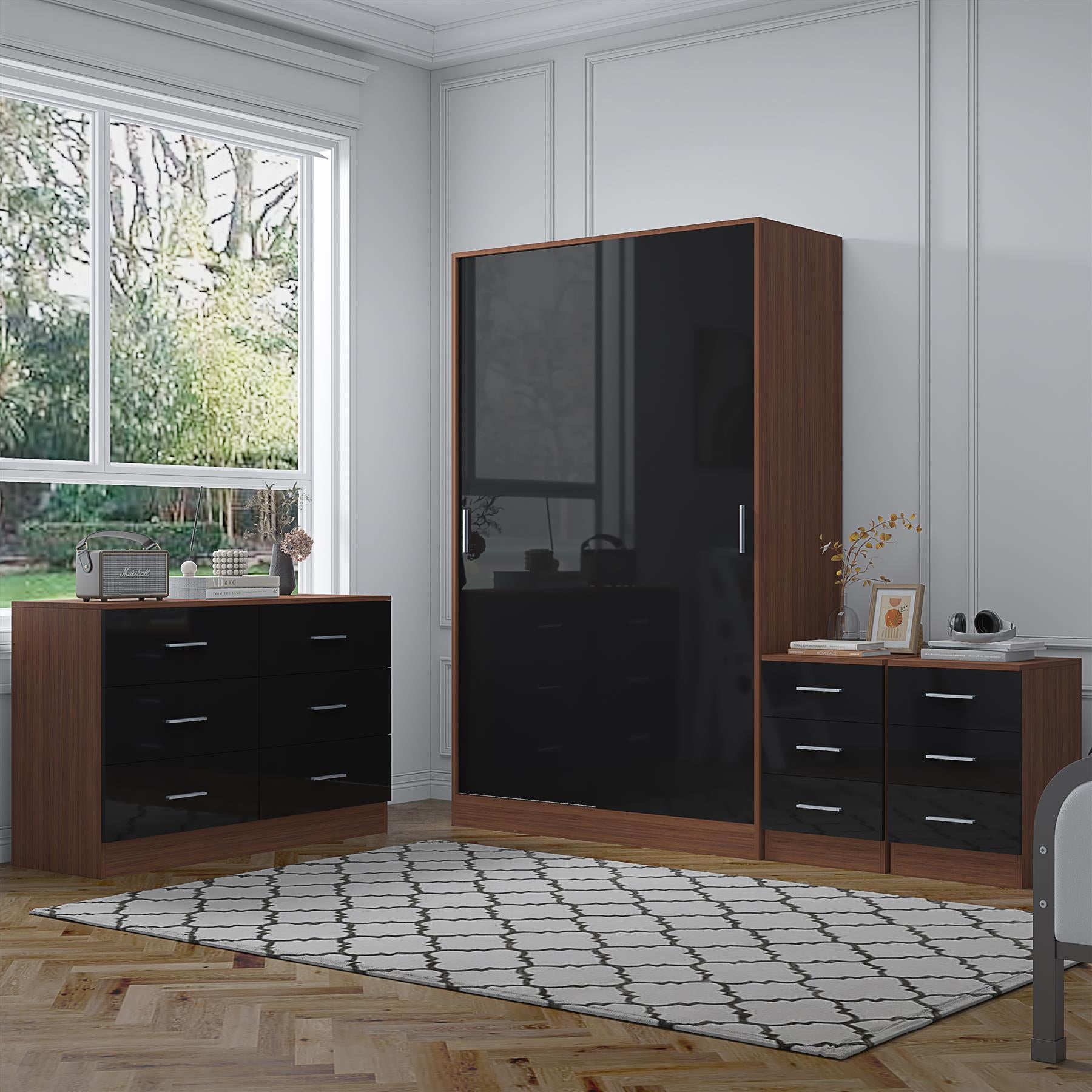 Reflect 2 Door Sliding Wardrobe, 6 Drawer Wide Chest, 2x 3 Drawer Bedsides - Black Gloss & Walnut - Modern Bedroom Furniture Set