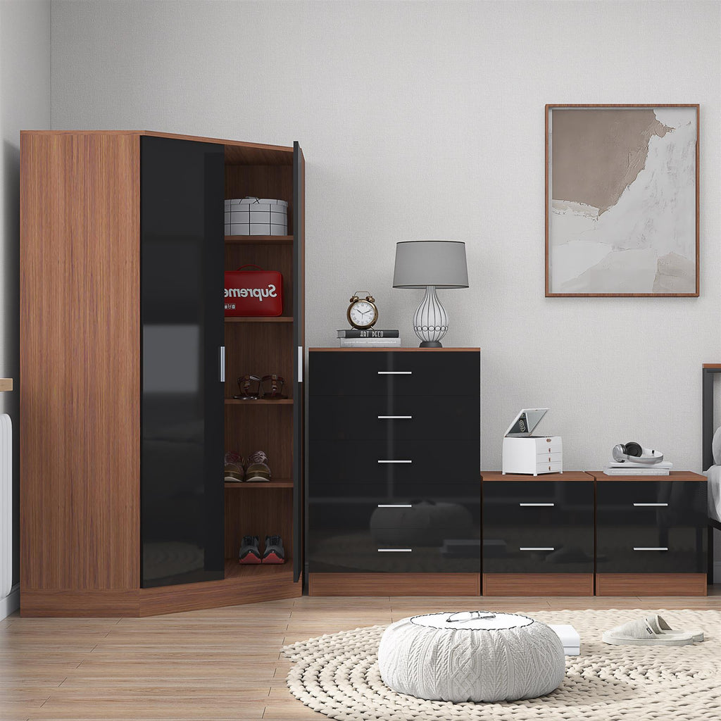 Reflect 2 Door Corner Wardrobe, 5 Drawer Chest, 2x 2 Drawer Bedsides - Black Gloss & Walnut - Bedroom Furniture Set