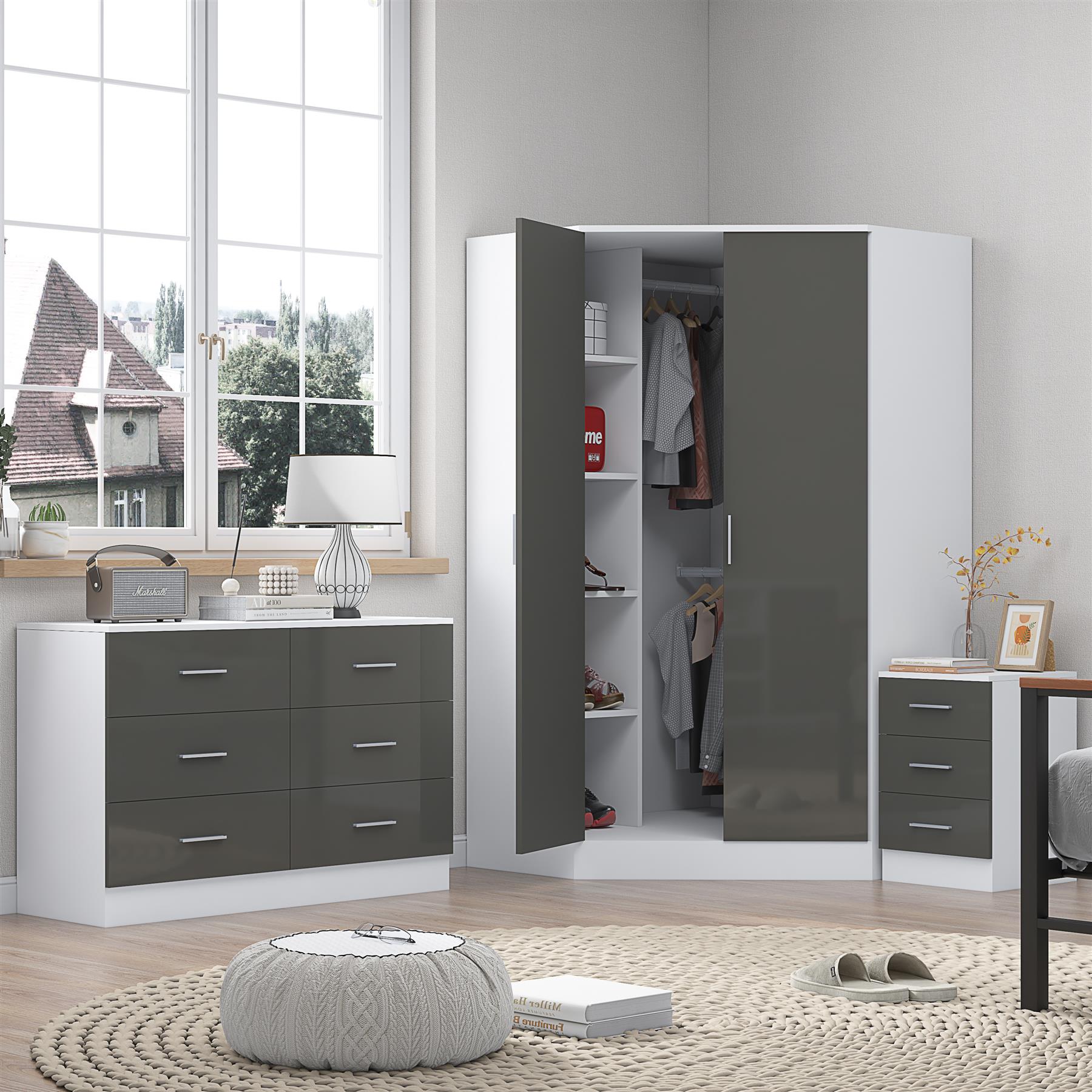 REFLECT - 2 Door CORNER + 6 Drawer Chest + 3 Drawer Bedside - Gloss Grey / Matt White