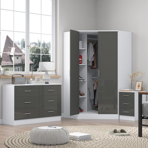 REFLECT - 2 Door CORNER + 6 Drawer Chest + 3 Drawer Bedside - Gloss Grey / Matt White