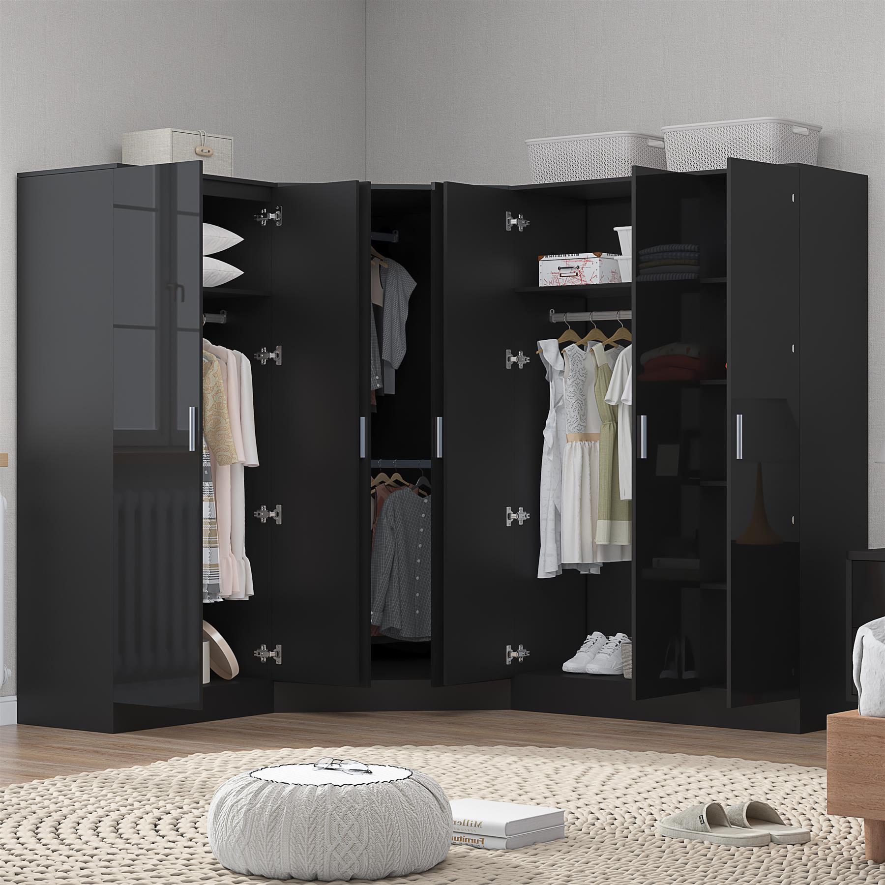 Reflect 4pc Wardrobe Bundle - 2 Door Corner + 3 Door Plain + 2 Door Plain - Black Gloss & Black Oak