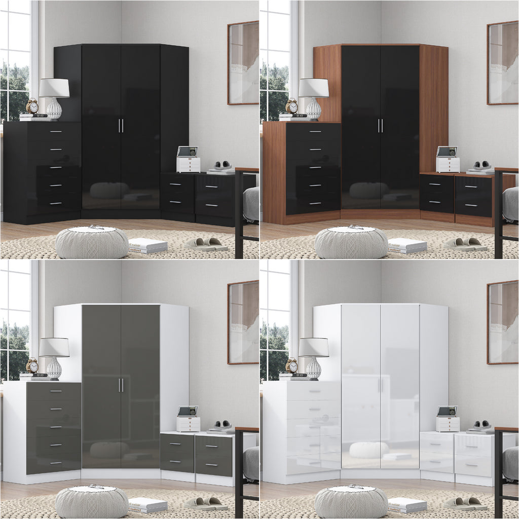 REFLECT Gloss 4pc Set - 2 Door Corner Wardrobe + 5 Draw Chest + 2 Bedsides