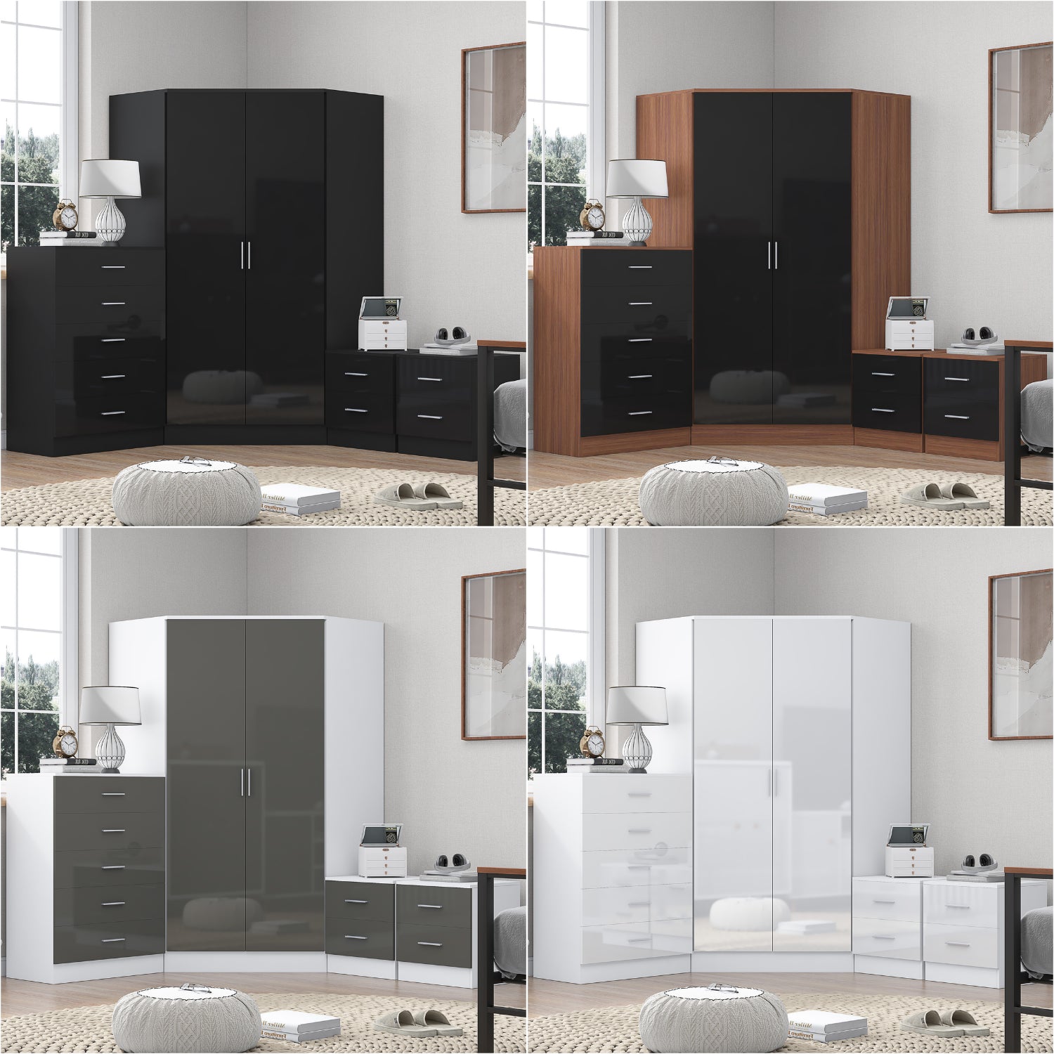 REFLECT Gloss 4pc Set - 2 Door Corner Wardrobe + 5 Draw Chest + 2 Bedsides