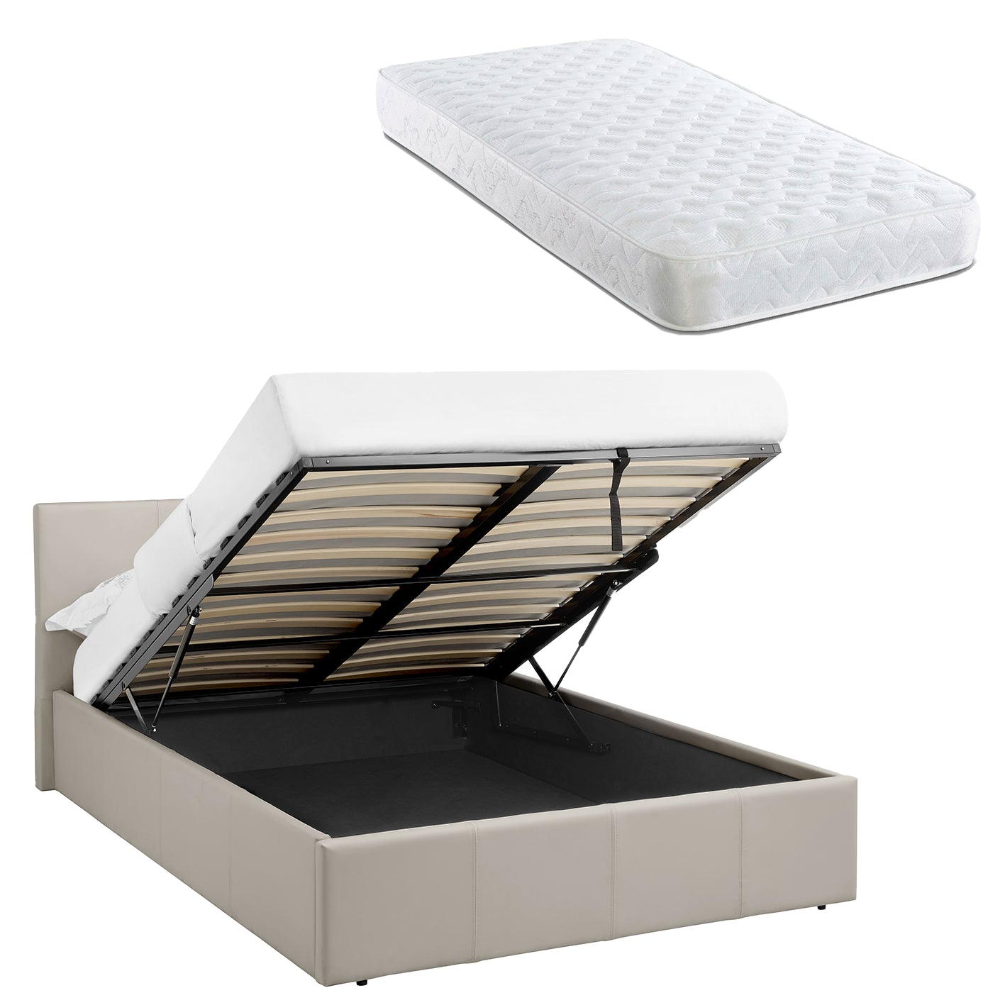 LUNA 4FT Small Double Cream Beige Ottoman Storage Bed Gas Lift & 17cm Thick Spring Mattress - L:203cm x W:138cm x H:88.5cm
