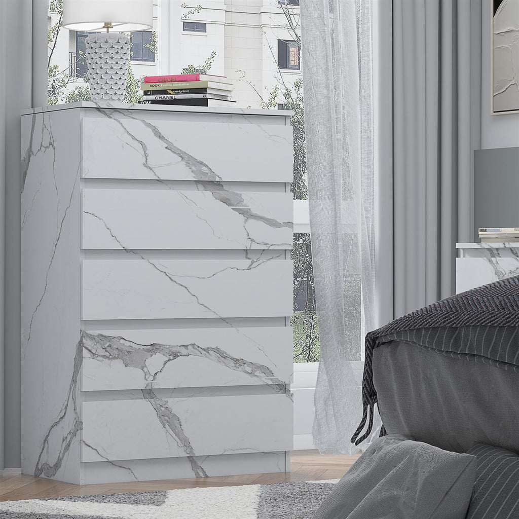 ZITA 5 Drawer Chest - White Marble Effect Bedroom Storage
